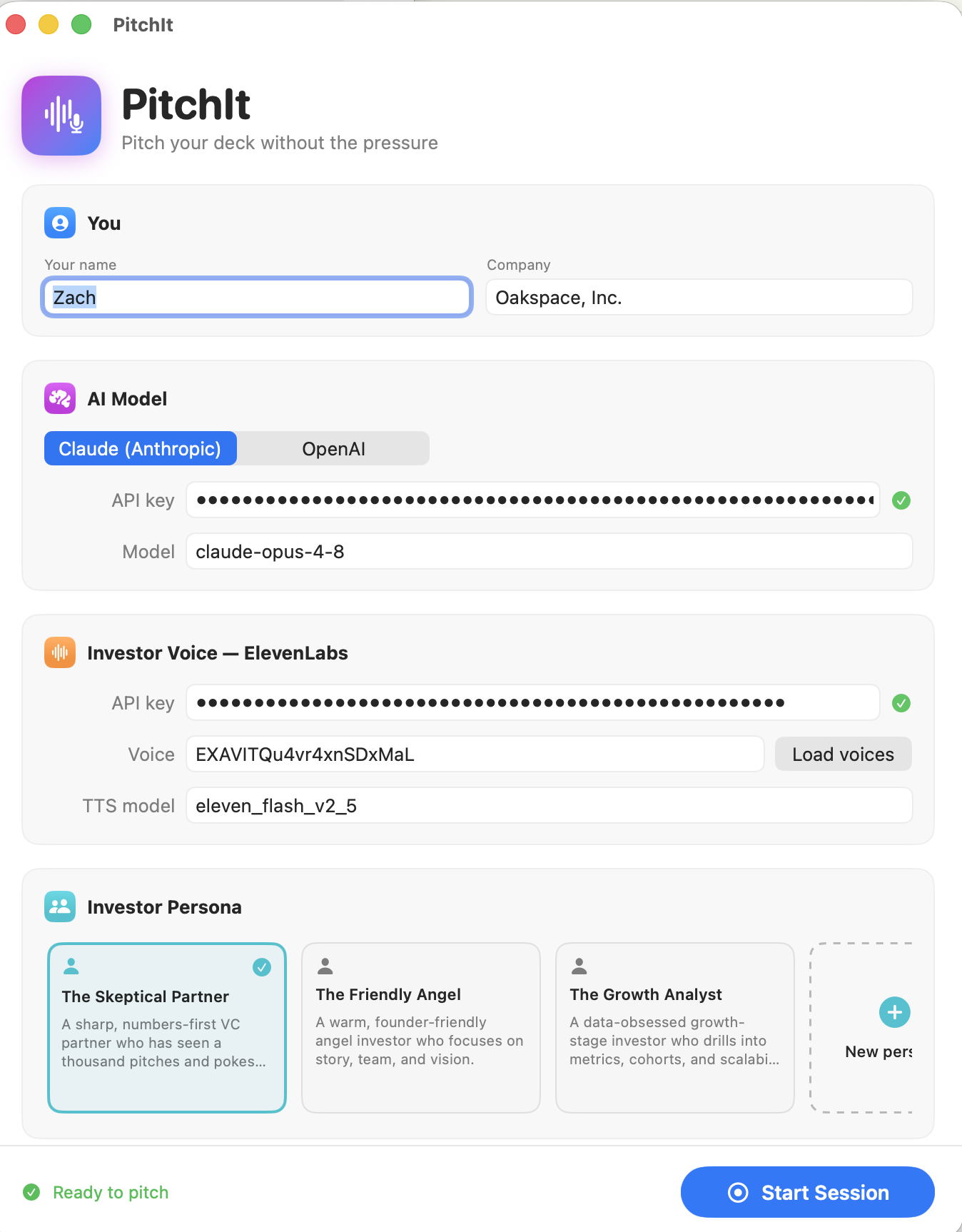 The PitchIt setup screen